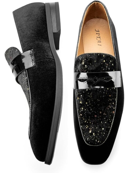 Men\'s Black61 Rubber Velvet Loafers Low Heels Round Toe Tuxedo Wedding Shoes